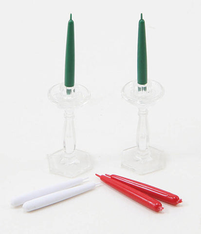 Crystal Candlesticks, Pair, with Candles.