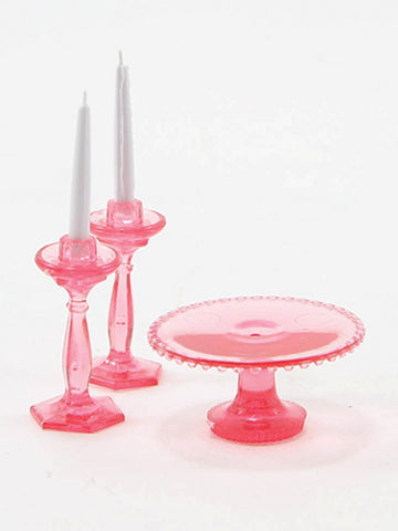Pink Candlestick and Cake Plate Set, Assembled