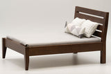 Bed, Walnut with Gray Mattress Cover and 3 Pillows.