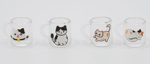 Set of four miniature clear mugs with cat images for a 1/12 scale dollhouse. 