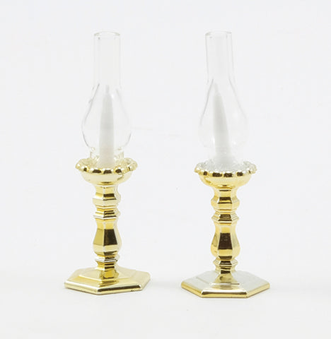 Polished Gold Candlesticks with Hurricane Glass, Pair