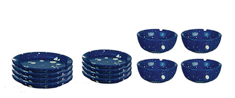 Dishware Set, Four Place Settings with Bowls, Blue Spatterware