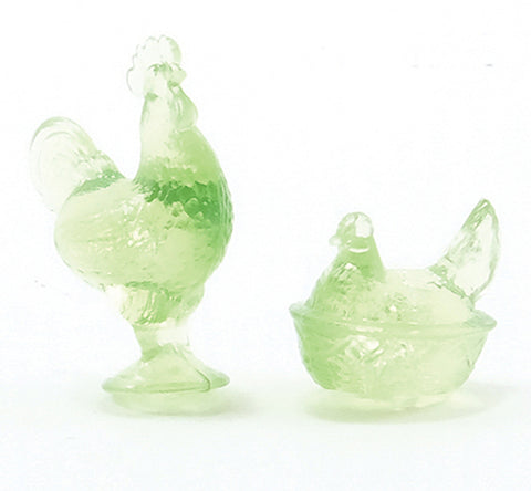 Hen and Rooster Candy Dish Figurines, Clear Green Glass