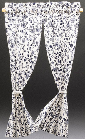 Tie Back Curtains, White with Blue Flower Vine