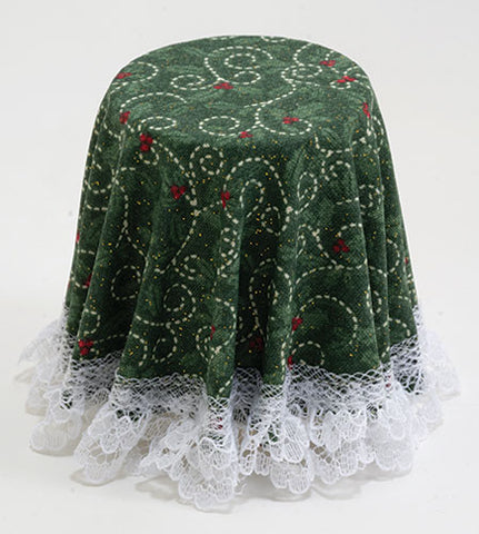 Skirted Table, Green Christmas Hearts Pattern with Lace.