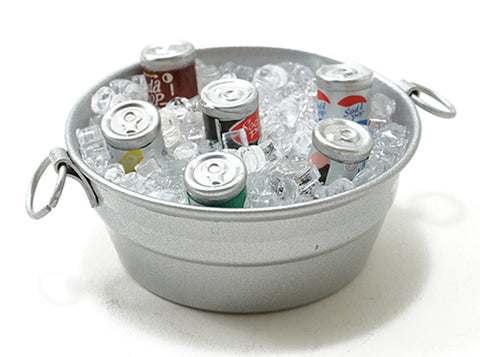A miniature metal bucket filled with ice cold beverages
