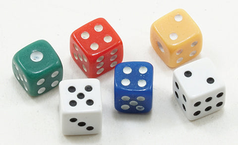 1:12 miniature scale set of six dice, assorted colors