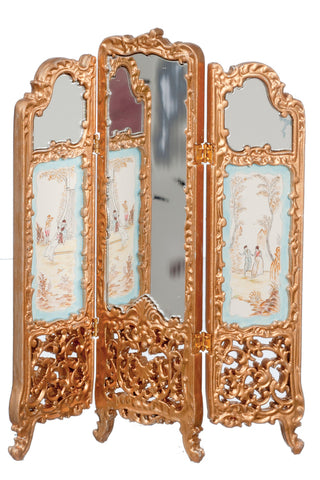 Mirrored Room Divider/Folding Screen, Gold with Painted Details
