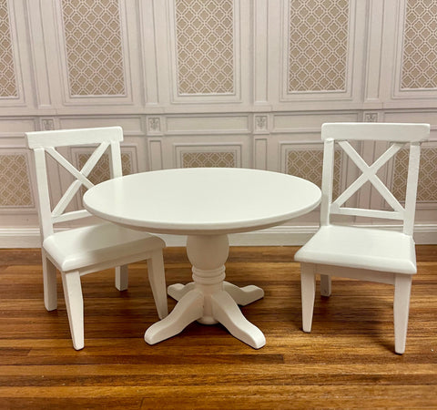 Round Table and Two Cross Buck Chairs, White