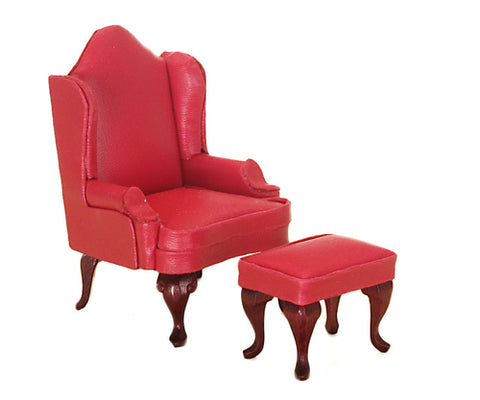 Wing Chair and Ottoman, Faux Red Leather