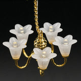 6 Arm Up White Tulip Shade Chandelier with Wand, LED, Brass