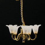 6 Arm Up White Tulip Shade Chandelier with Wand, LED, Brass