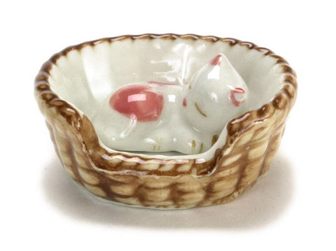 Dollhouse MIniature ceramic cat in basket