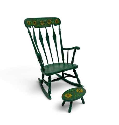 A 1:12miniature scale hand painted rocking chair and foot stool with Black Eyed Susan Floral Design
