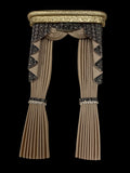 A 1:12 miniature scale  ornate beige pleated curtain set with a matching valance, featuring black and silver patterned trim and tiebacks