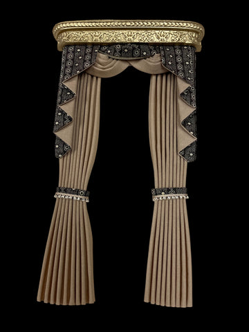 A 1:12 miniature scale  ornate beige pleated curtain set with a matching valance, featuring black and silver patterned trim and tiebacks