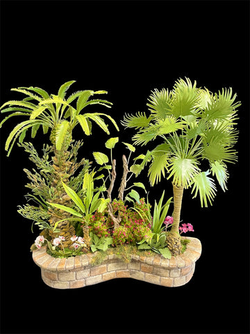 1:12 miniature scale tropical garden in raised stone bed