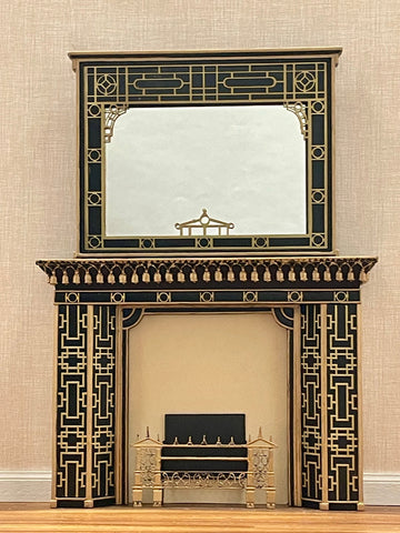 Art Deco Fireplace, Mirror and Fireplace Grate, Black with Gilded Trim