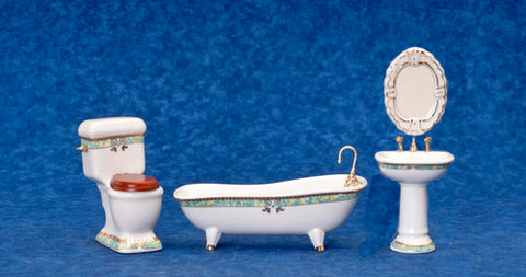 Porcelain Bath Set with Green and Gold Trim, 4 Piece