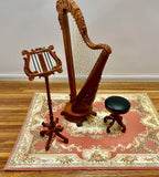 Carved Harp, Stool and Music Stand, New Walnut Finish