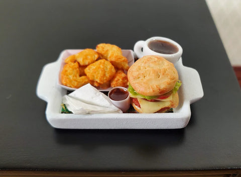 Hamburger, Wings with Sauce, and Coffee on a Tray