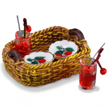 Picnic Basket with Cherry Plates & Drinks