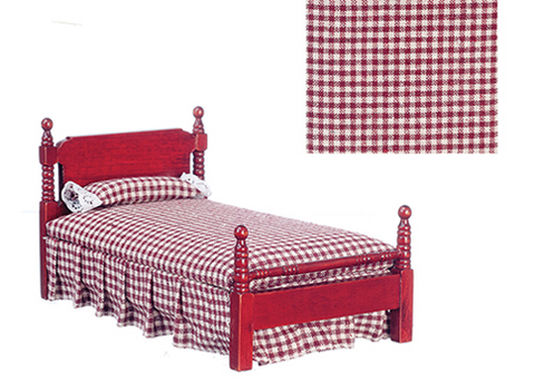 Single bed, mahogany with red check material.