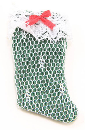 Christmas Stocking, Lace over Green Fabric