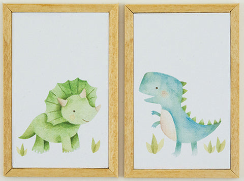 Dinosaur Pictures , Set of Two, Light Oak Frames
