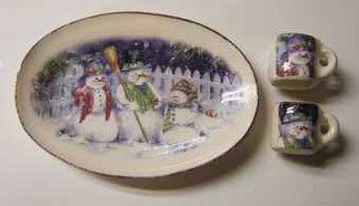 Snowman Platter and Two Mugs