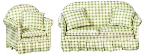 Living Room Set, Two Piece, Green and White Check