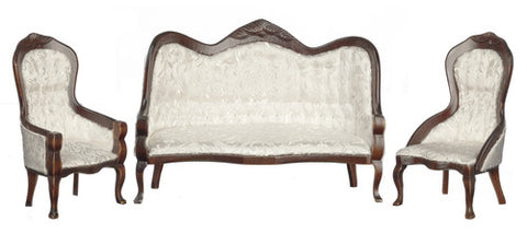 Victorian Sofa and Chair Set, White Brocade and Walnut