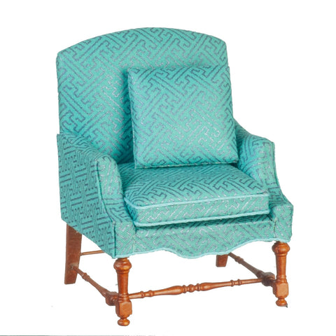 Wing Chair, Jacobean, Teal and Purple Interlocking Pattern Silk with Walnut Finish