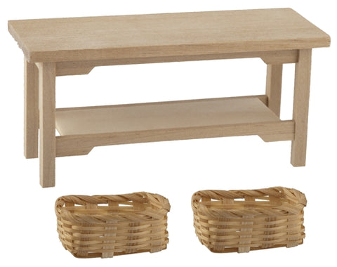 Unfinished Storage Table with Two Baskets