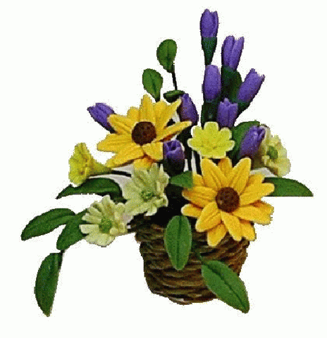 Garden Flowers in Basket, Yellow, Purple and Green