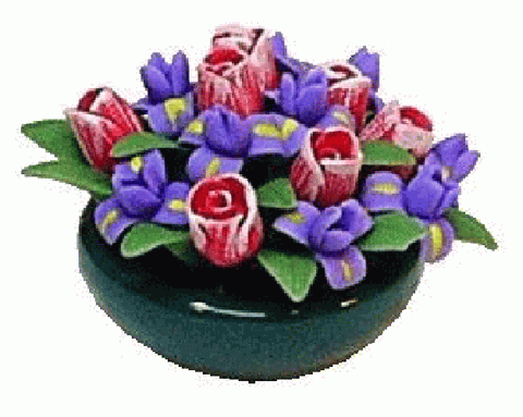 Tulip and Iris Arrangement in Shallow Bowl