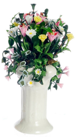 White Pedestal with Pink, Yellow and White Flowers