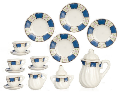 Tea Set, 17 Piece Porcelain, Blue Trim