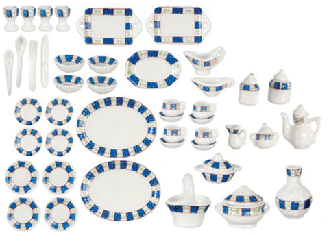Tea Service, 50 Piece Set with Dishes, Blue and White