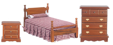 Twin Bedroom Set, Walnut Finish, Burgundy Check