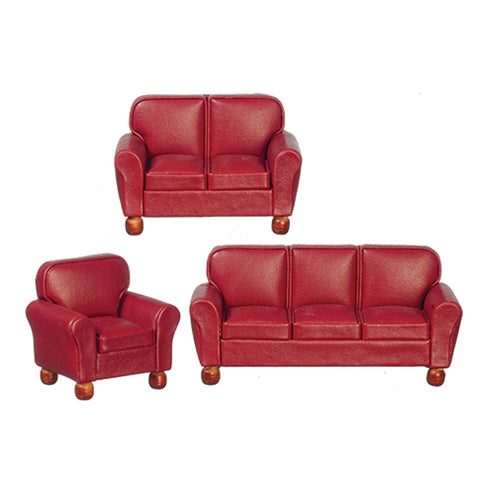 Living Room Set, Three Piece Red Leather