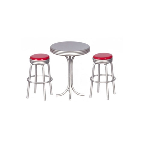 Raised Table with Red Top and Two Stools