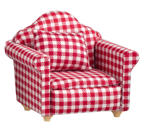Arm Chair with Pillow, Red and White Check