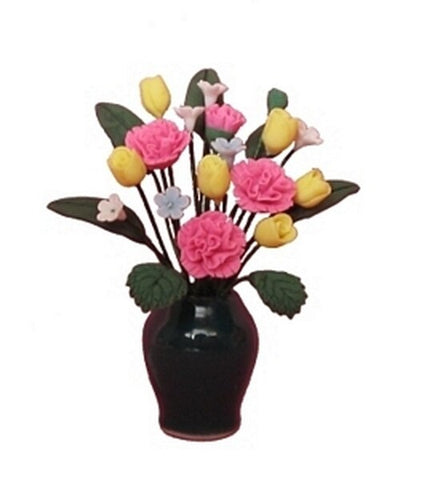 Vase of Pink Carnations and Yellow Tulips