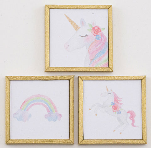 Trio of Framed Prints for a Nursery/Child’s Room, Rainbows and Unicorns