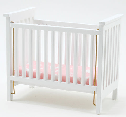 Slatted Nursery Crib, White with Pink Fabric