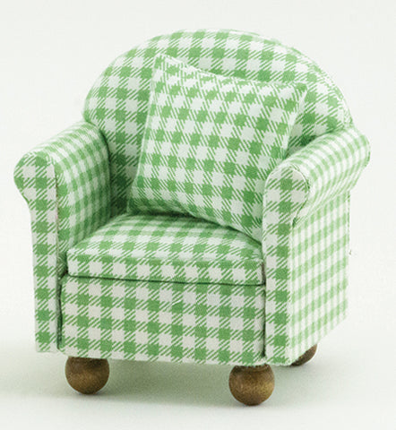 Arm Chair with Pillows, Green and White Check