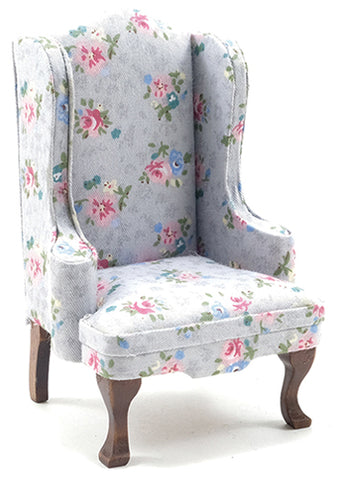 Wing Chair with Grey and Floral Chintz Fabric.