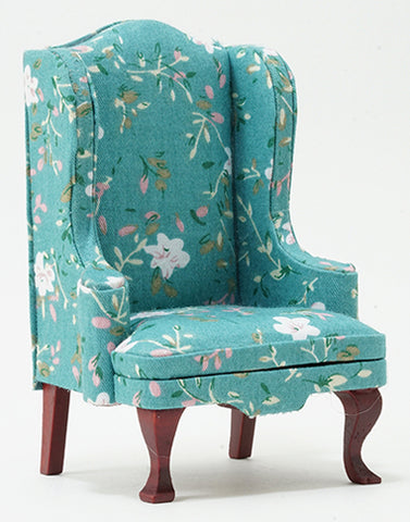 Wing Chair, Turquoise Floral and Mahogany