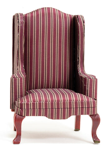 Wing Chair with Maroon Stripe Fabric.